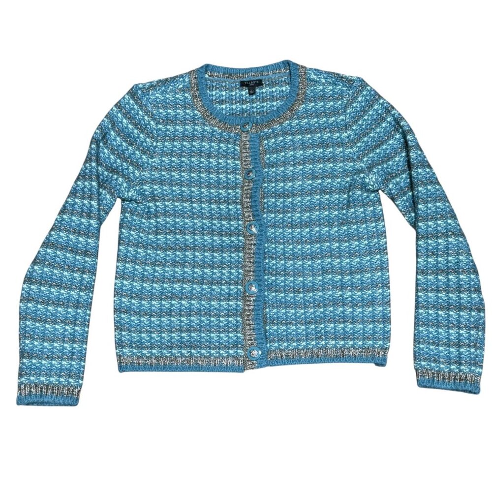 Talbots Petite Small Blue Taupe Button-Up Cardigan Sweater Cotton Blend
